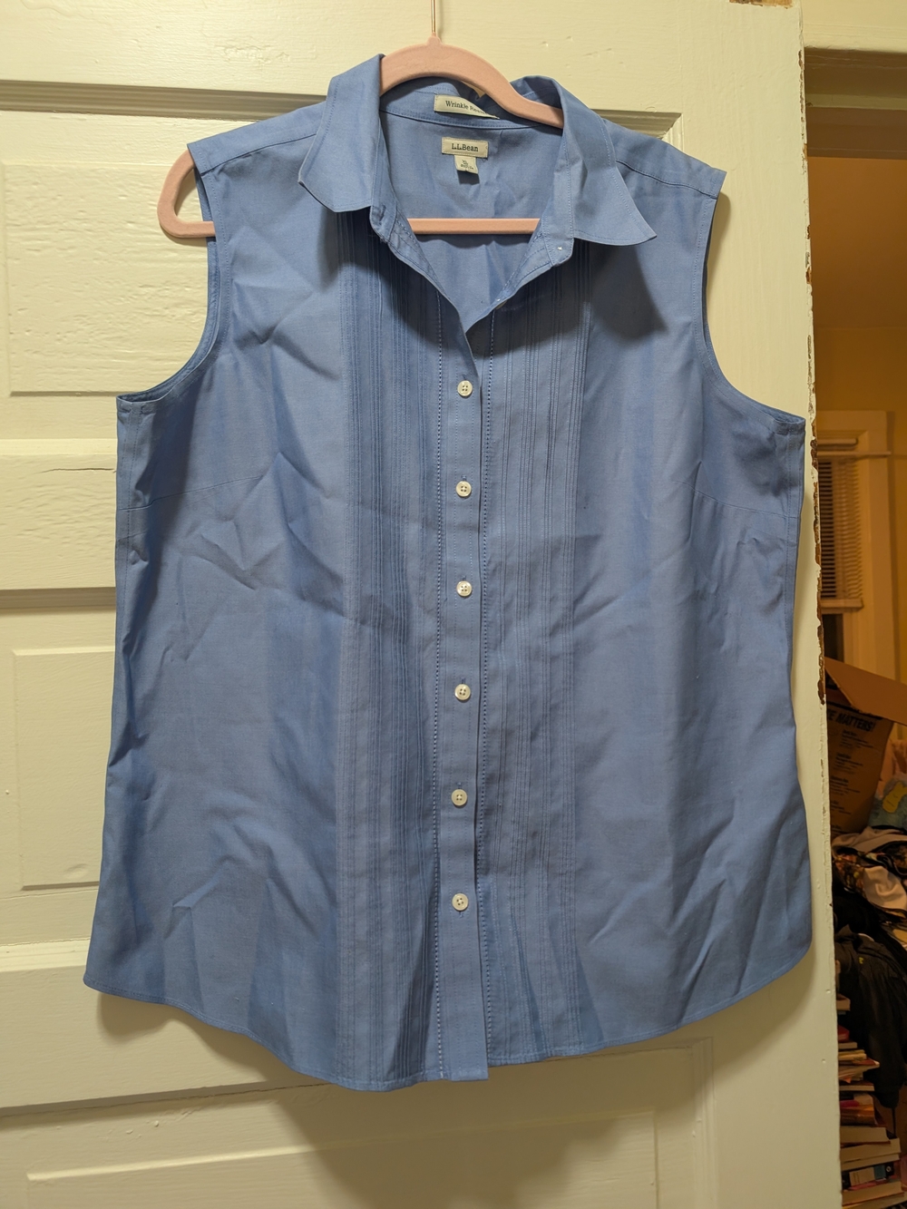L.L. Bean Sleeveless Button-Front Pintuck Shirt - Chambray Light Blue